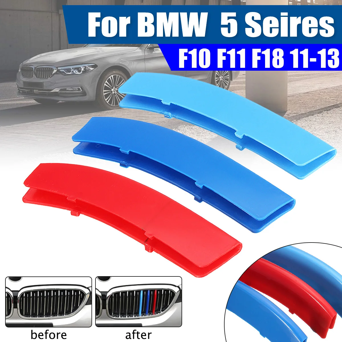 

3pcs 3D Car Styling Front Grilles Grill Trim Strip Covers Stickers For BMW 5 Series F10 F11 2011 2012 2013