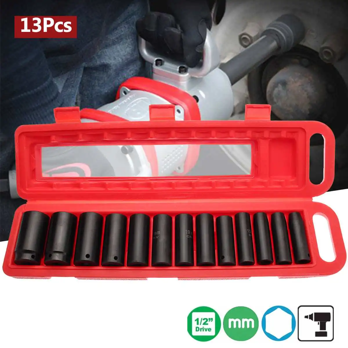 

13Pcs 10-32mm 1/2 inch Deep Impact Socket Set Metric Imperial Drive Air Garage Wrench Tool Kits Sockets Black