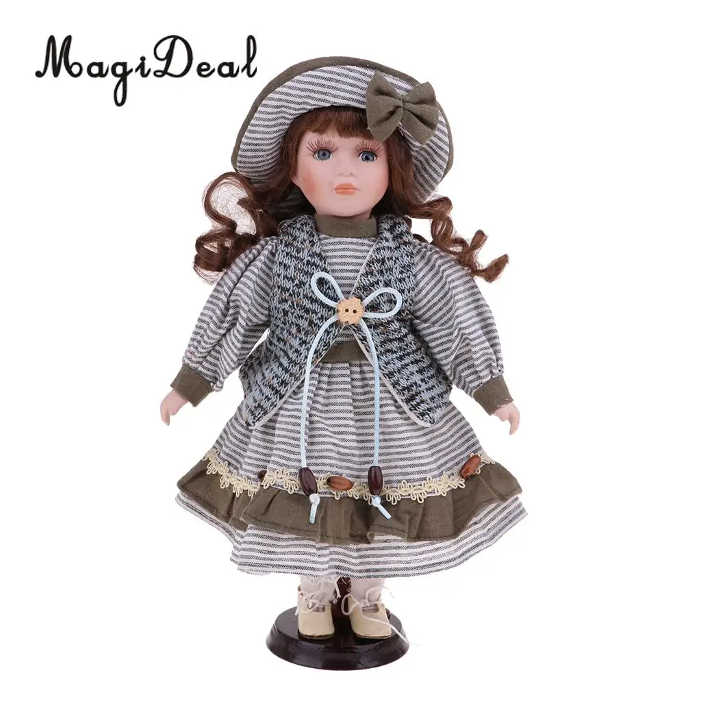 

30cm Lovely Porcelain Girl Doll People Figure with Gray Dress Handbag Set Decor Gift