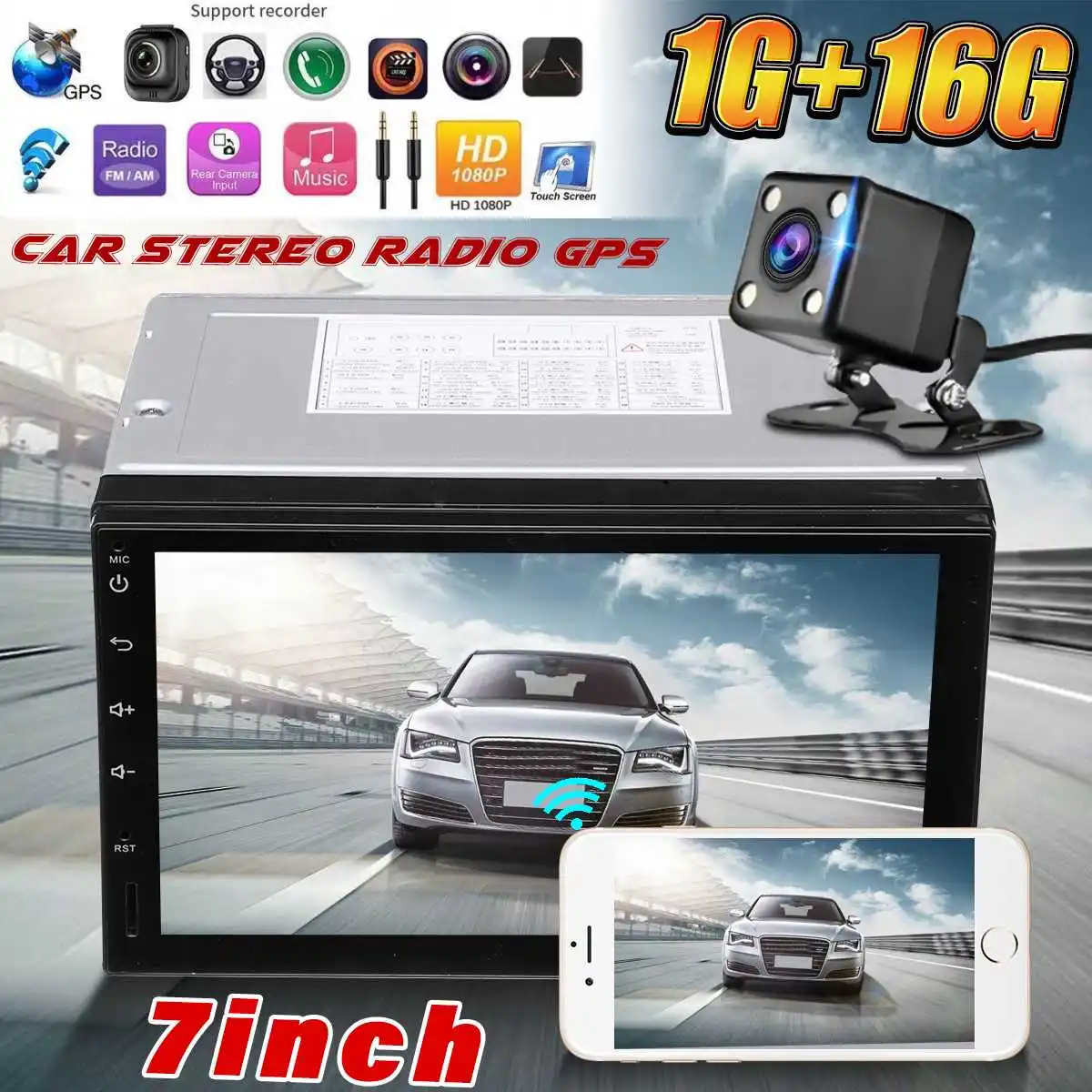 

Autoleader Android 8.0 7'' Car Stereo Radio GPS Navigation bluetooth USB SD 2 Din Car Multimedia Player Reverse Image