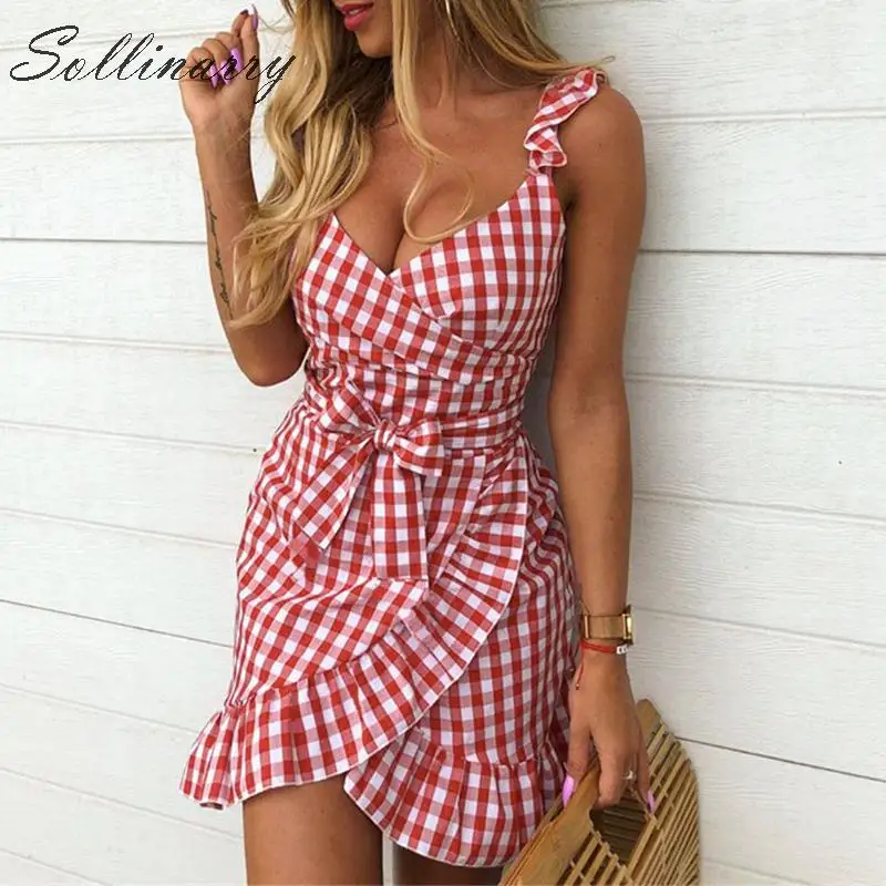 

Sollinarr Plaid Sashes Short Dress Women High Stylish Summer High Waist Ruffle Mini Dress Strap Holiday Party Dress Vestido Boho