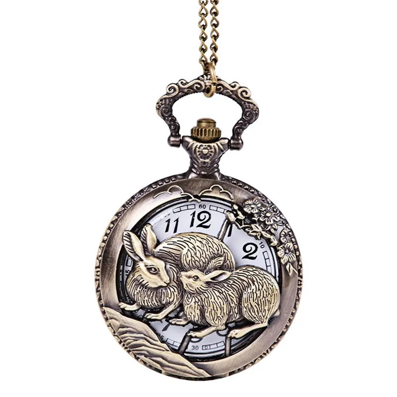 

Large vintage engraving hollow male and female double rabbit pocket watch