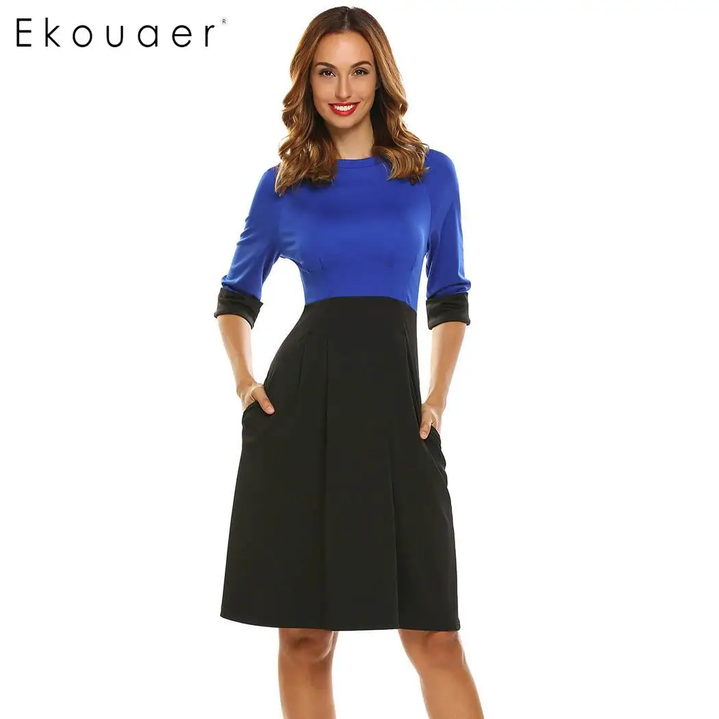 Ekouaer Women Party Dress 3/4 Sleeve Contrast Color Patchwork Casual