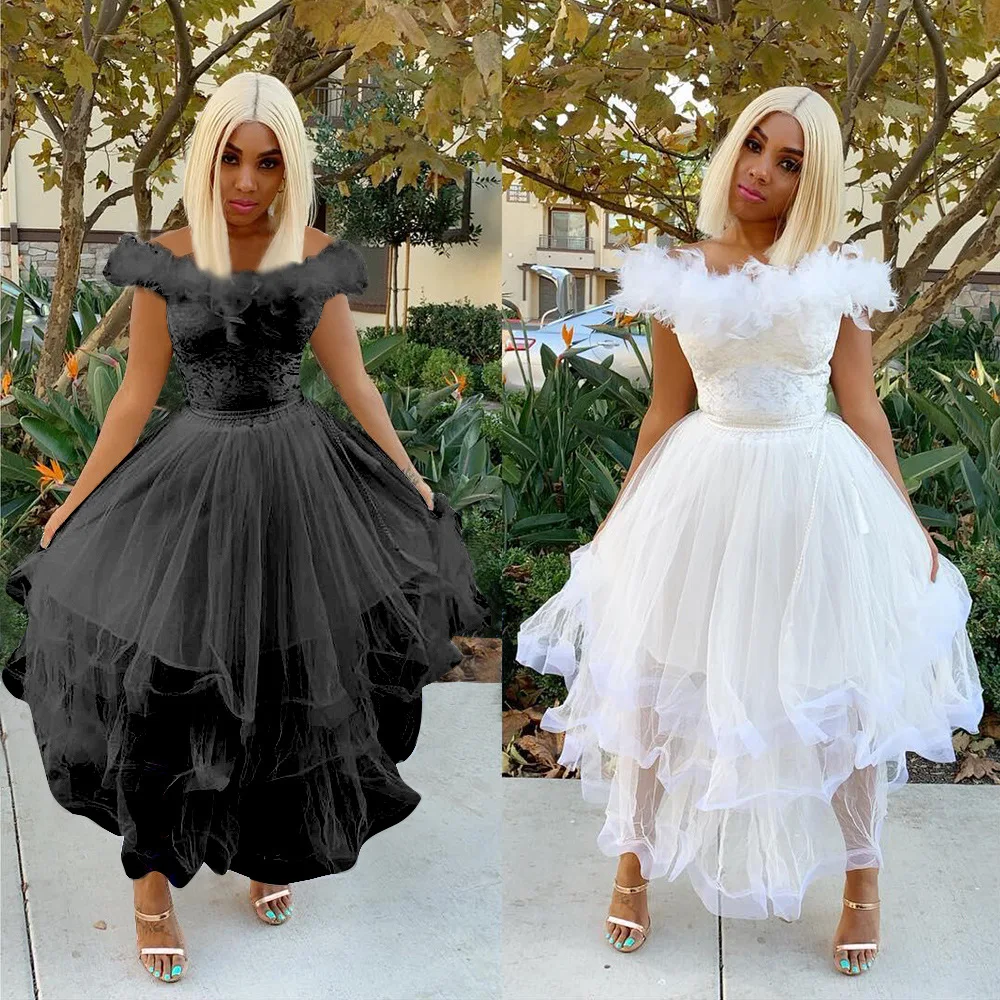 

2019 Black White High Waist A-Line Ankle-Length Dress 2019 Vintage Summer Woman Slash Neck Short Sleeve Feathers Vestidos