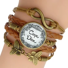 Pulsera con cita inspiradora de Carpe Diem, brazalete Vintage marrón, pulsera envolvente hecha a mano, joyería