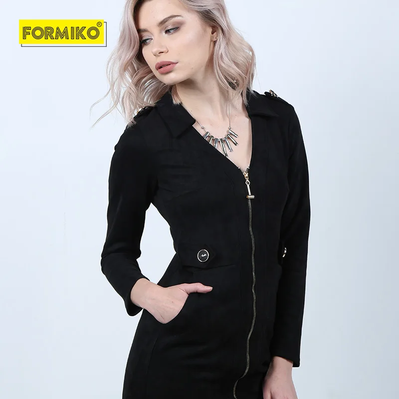 Formiko Женское платье из замши с длинным рукавом. Обтягивающее вечернее глубоким