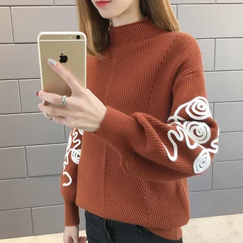 

PEONFLY Sweater Women Korean Pull Femme Hiver Jumper Crochet Puff Sleeve Pullover Sueter Mujer Turtleneck Knitted Sweaters
