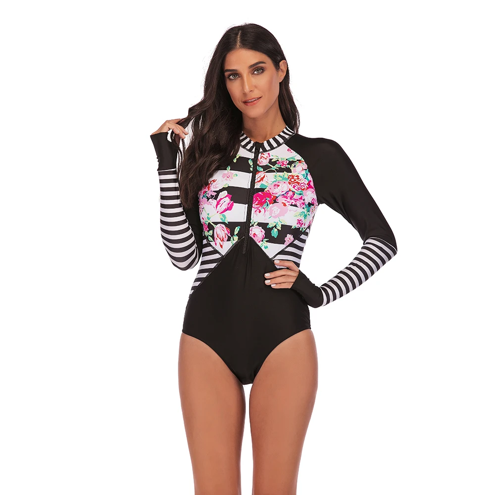 

VIM Outdoor Women Swimsuit One-piece Long Sleeve Retro Bathing Suit Surf 3XL Print Floral Sexy Swimsuit Swimwear Rash Guard D40