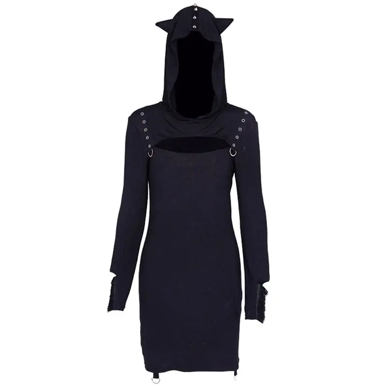 

Mini Hoodie Dress Women Spring Gothic Darkness Hollow Sexy Bodycon Punk Rivet Tassel Fashion Hooded Black Casual Short Dresses