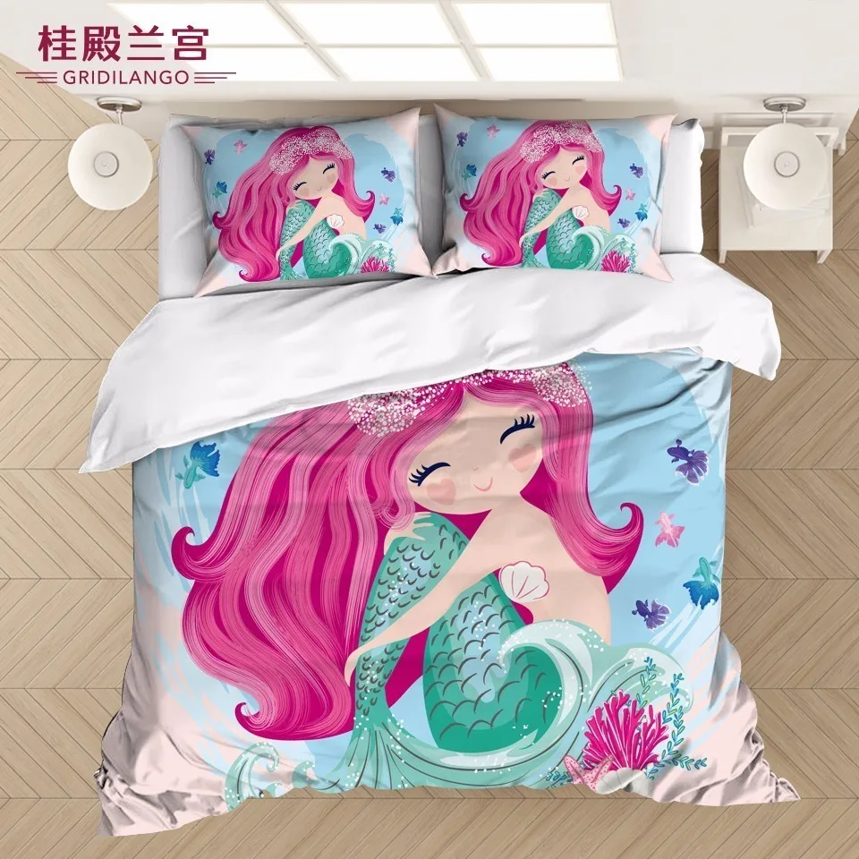 

GRIDILANGO Pink Mermaid Bedding Set Cartoon Cute Printed Duvet Cover Set Bedclothes 3pcs for Adults Kids Home Textiles Dropship