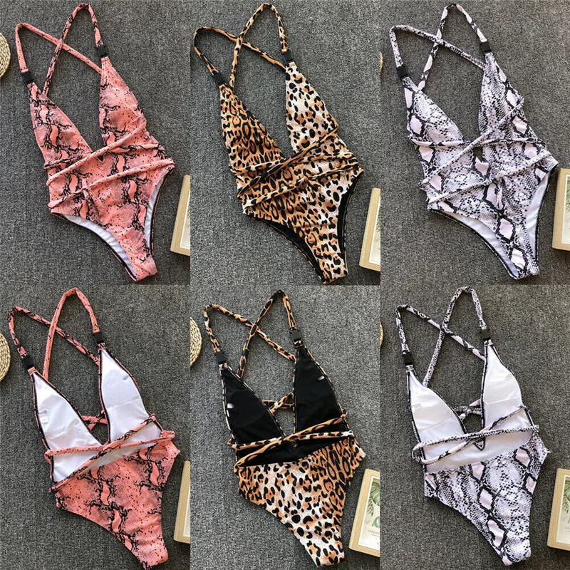 

2019 Sexy Monokinis Women Brazilian Padded Swimsuit Beachwear leopard snakeskin Fancy Bandage One piece maillot de bain Holiday