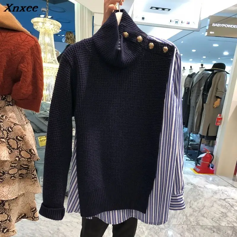 Korean Autumn Striped Button Patchwork Women Sweater 2019 New Fashion Casual Long Sleeve Knitted Pullover Winter All Match Tops