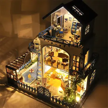 

DIY Small House Love Sea Villa Miniature Wooden Doll House with Music Movement without Dust Cover