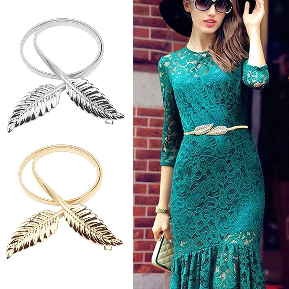 

Fashion Women Belt Gold Silver Leaf Elastic Metal Stretch High Waist Dress Accessories Ladies Solid Color Chic Waist Belt