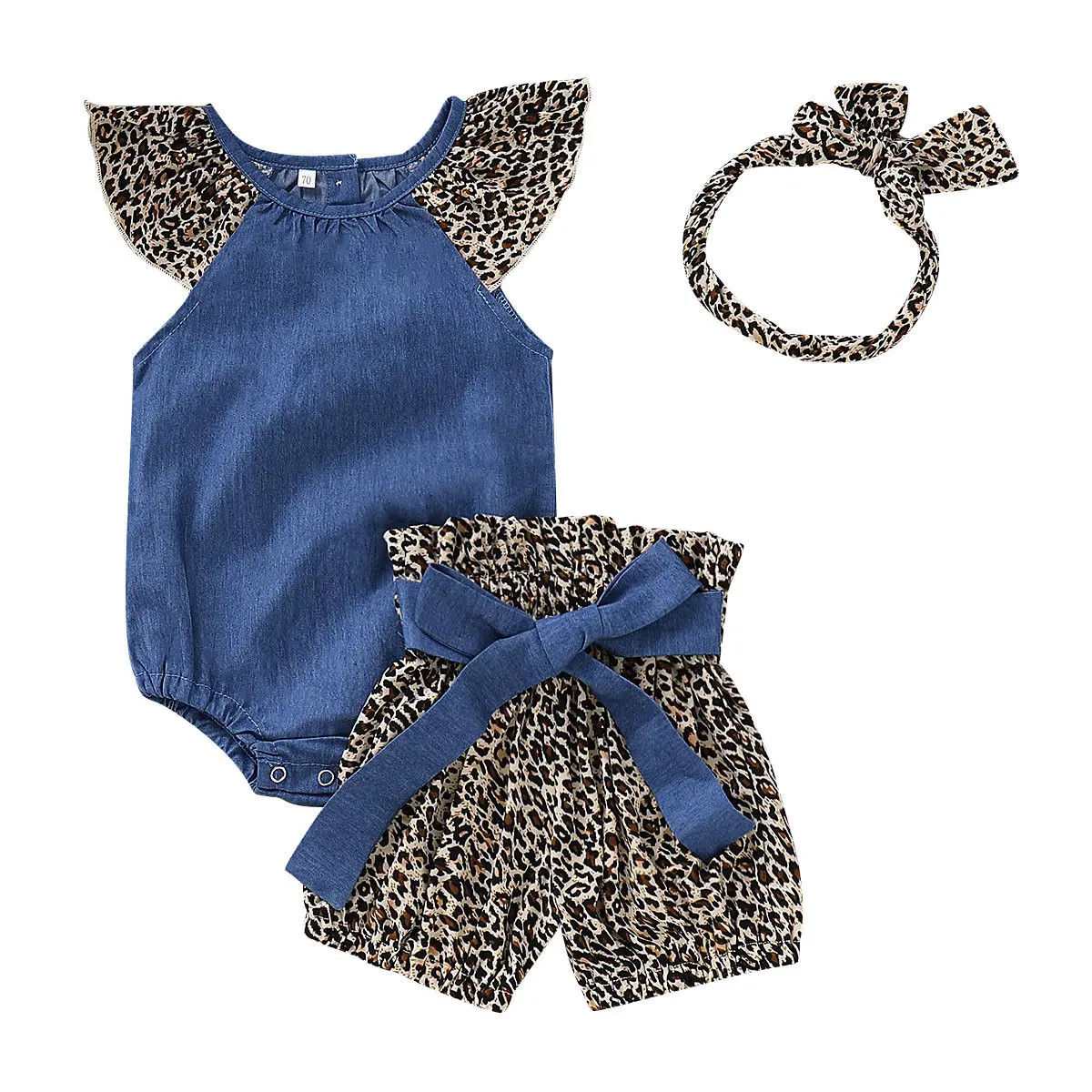 Джинсовый комбинезон с рукавами-крылышками для новорожденных девочек, боди, топы, леопардовые трусы с высокой талией, штаны, повязка на голову, 3 предмета, модная одежда для девочек