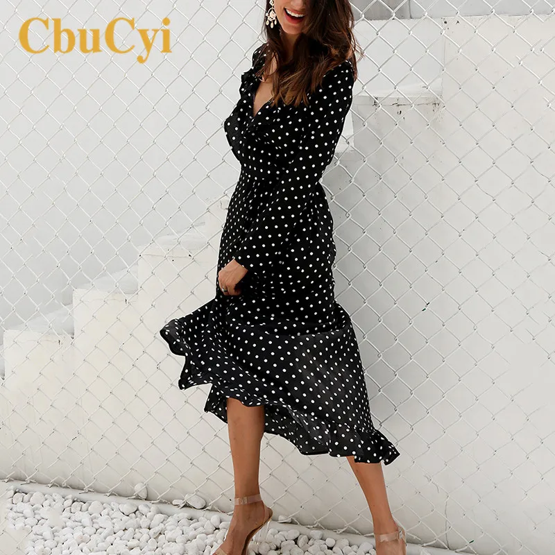 

Summer Autumn Chiffon Print Dress Casual Women polka dot dress Sexy Deep V Neck Long Sleeve Dresses vestidos de festa