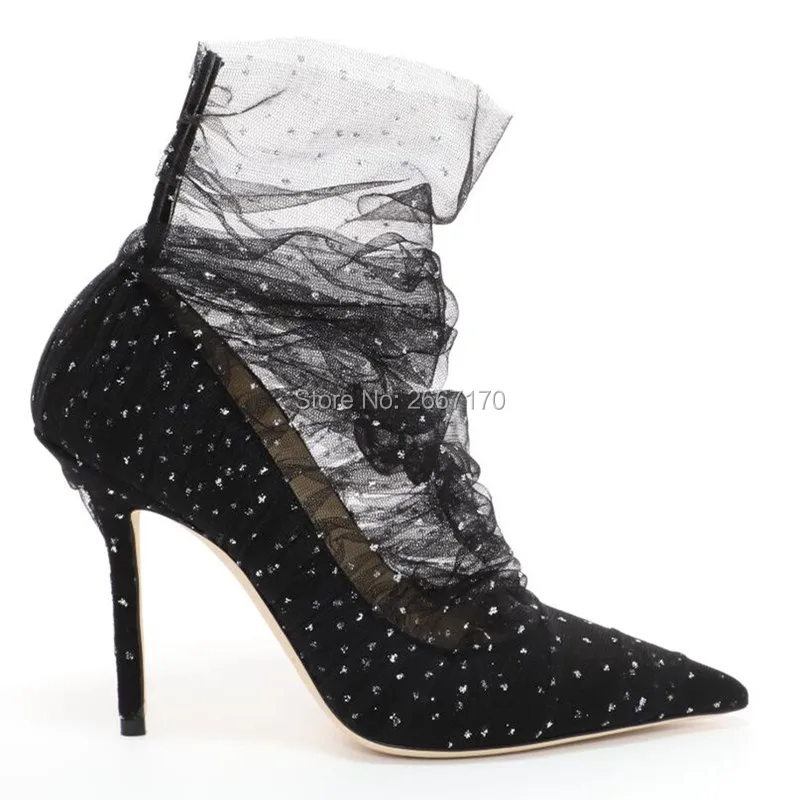 Sexy Women Crystal Ankle Boots See through Mesh High Heels Pointed Toe ...