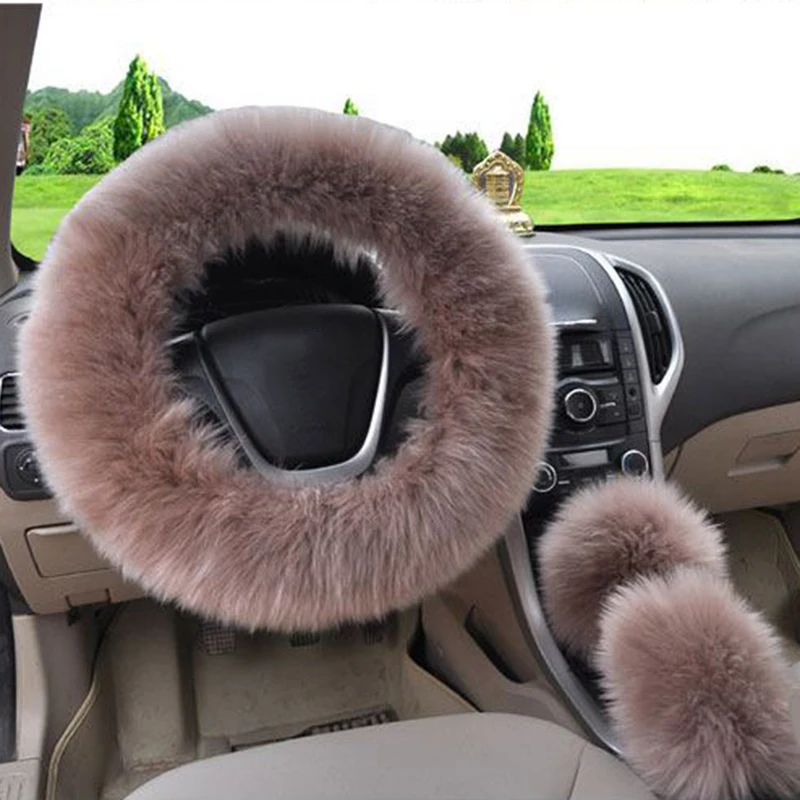 

3pcs Set Car Auto Hand Break Steering Wheel Faux Fur Handbrake Cover Protect