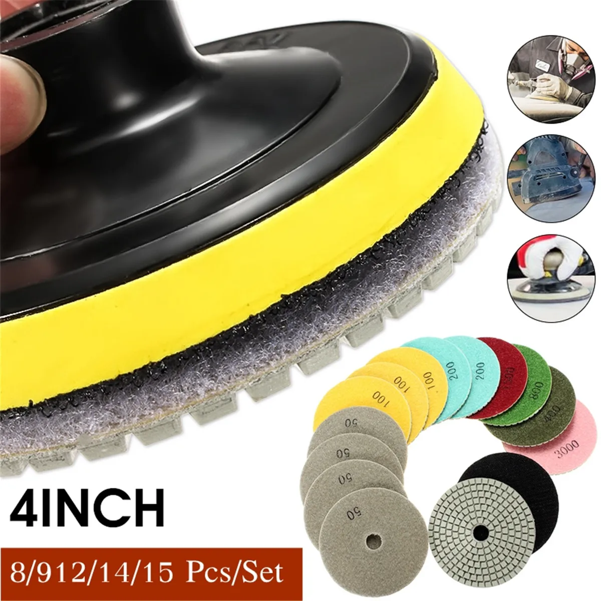 

15pcs 4 Inch Polishing Pads Set 50-6000 Grit Wet Dry Diamond Polishing Pads with Self-Adhesive Disc