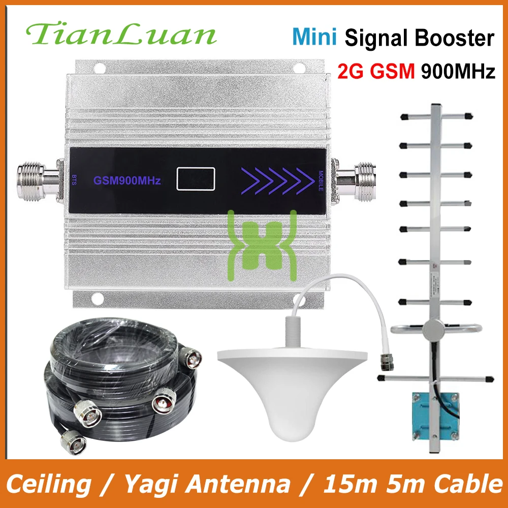 

TianLuan Mini GSM 900MHz Mobile Phone Signal Booster 2G GSM Signal Repeater with Yagi Antenna / Ceiling Antenna / 15m 5m Cable