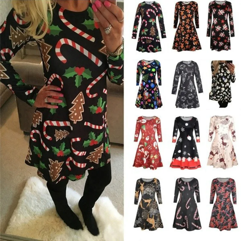 

Womens Christmas Santa Claus Party Dress Casual Long Sleeve Round Neck Tunic Dress Christmas Pullover Flared A Line Dress