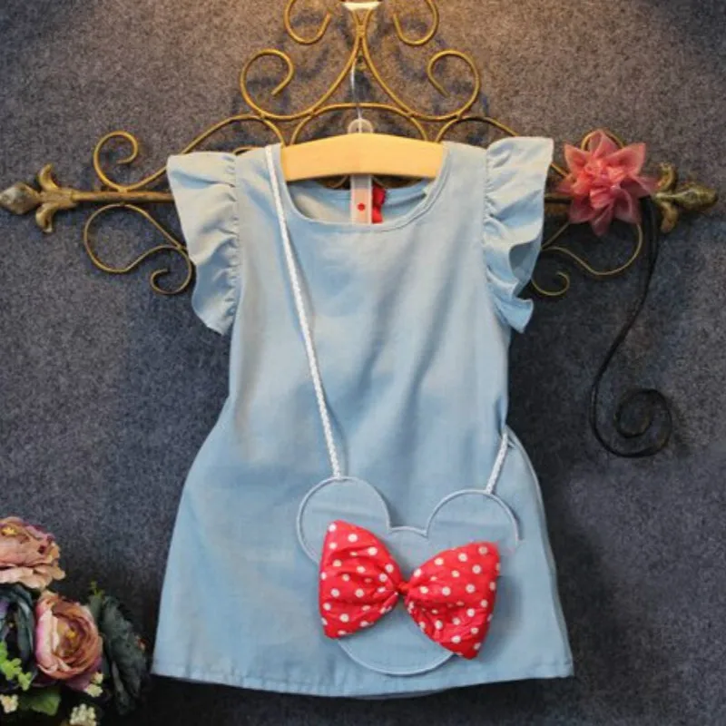 

2Pcs Kids Baby Girl Dress 2019 cute Cartoon Bag +Denim Ruffles Short Sleeves Dress Summer Party Casual Dress Baby Girl Clothes