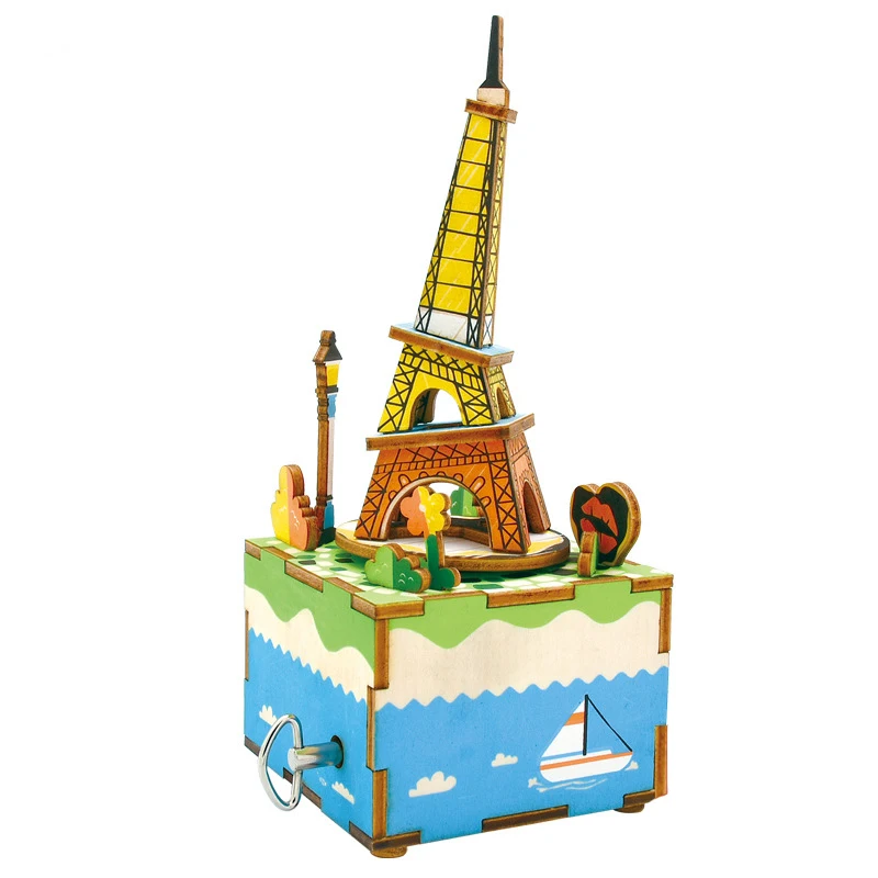 

Robotime 3D Wooden Puzzle Toy DIY Music Box Revolving Eiffel Tower Architecture Builing Kit Toys For Kids Valentine's Day Gift