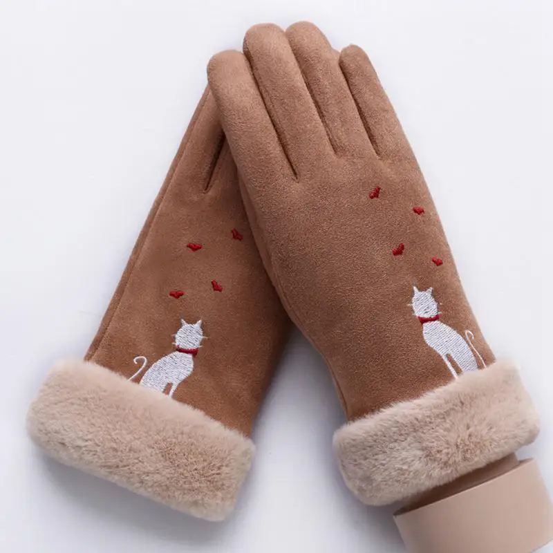 

Winter Windproof Double-layer Furry Gloves Touch Screen Suede Leather Cat Snowflake Embroidery Outdoor Warm Gloves Fashionable
