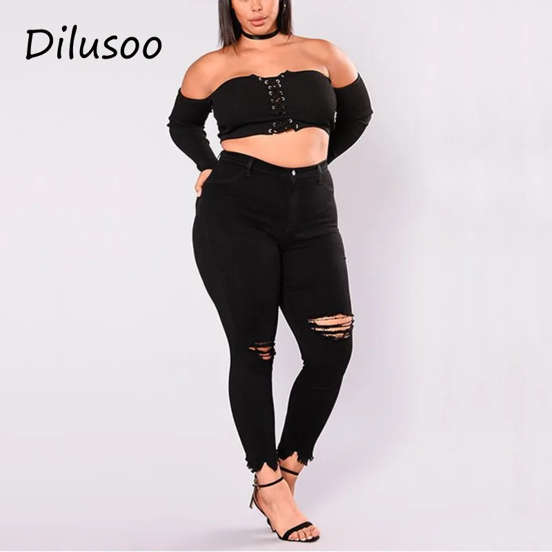 Dilusoo Women Holes Plus Size Jeans Pants Skinny Elastic Pencil Pants Mid Waist Black Jeans Woman Casual Spring 2-7XL Trousers