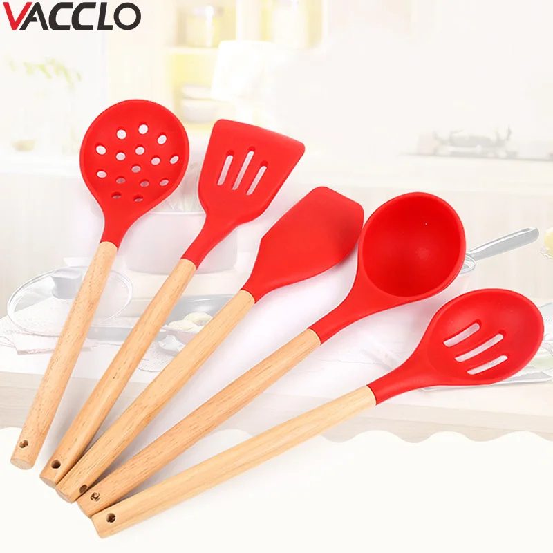 Vacclo Silicone Wood Handle Spatula Heat-resistant Soup Spoon Non-stick Special Cooking Shovel Kitchen Tools Cooking Tools