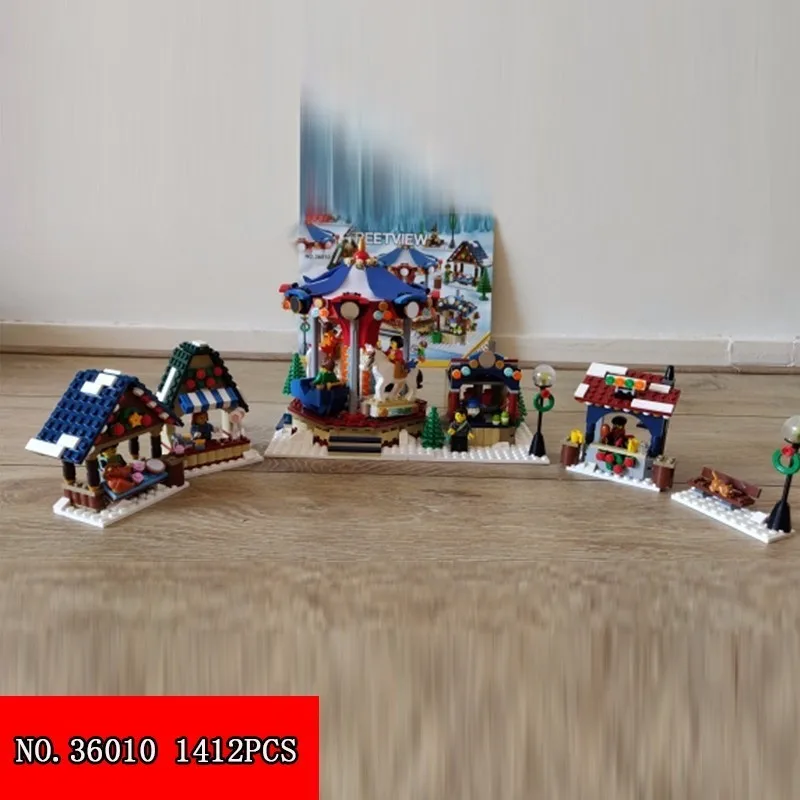 

Lepin 1412pcs 2018 New Christmas Series Rotating Wooden Winter Village Market Children Assembling Building Block Toys 36010