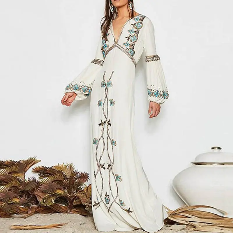 

Beach Long Dress Women Boho Floral Embroidery Sexy Deep V Elegant White Robe Vintage High Waist Spring Long Sleeve Maxi Dresses