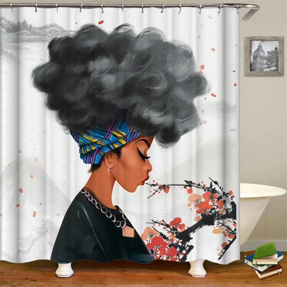 امرأة أفريقية الأفرو تصميم دش الستار حمام زينة ديكور الحمام مع السنانير امرأة سوداء دش الستار