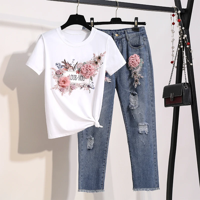 

2019 Runway Designer Summer Women 2 Pieces Set Jean Suits 3D Floral Embroidery Diamonds Cotton Tshirt Top + Hole Jeans Pants Set