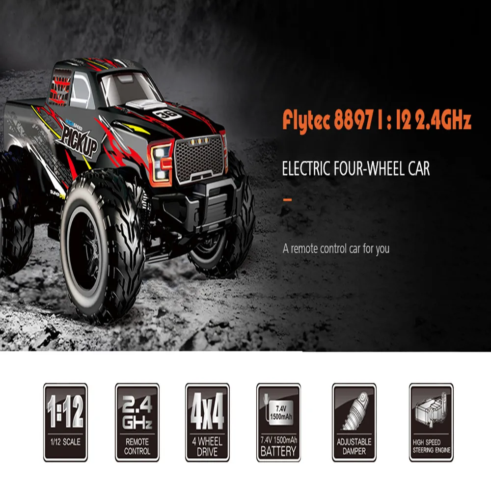 

Flytec 8897 1:12 2.4GHz Electric RC Car Bigfoot 4WD High-speed Model Off-Road Vehicle Toy Remote Control Car for Kids Gift