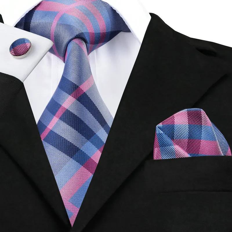 

SN-467 Darkgray Pink Blue Plaid Tie Hanky Cufflinks Sets Men's 100% Silk Ties for men Formal Wedding Party Groom