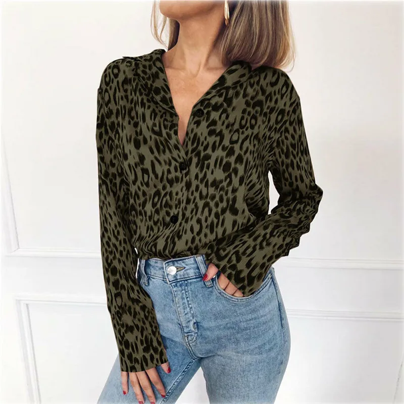 Модная женская леопардовая рубашка OL с v-образным вырезом, элегантная свободная женская блуза с длинным рукавом, вечерние блузы, уличная сорочка для женщин размера плюс