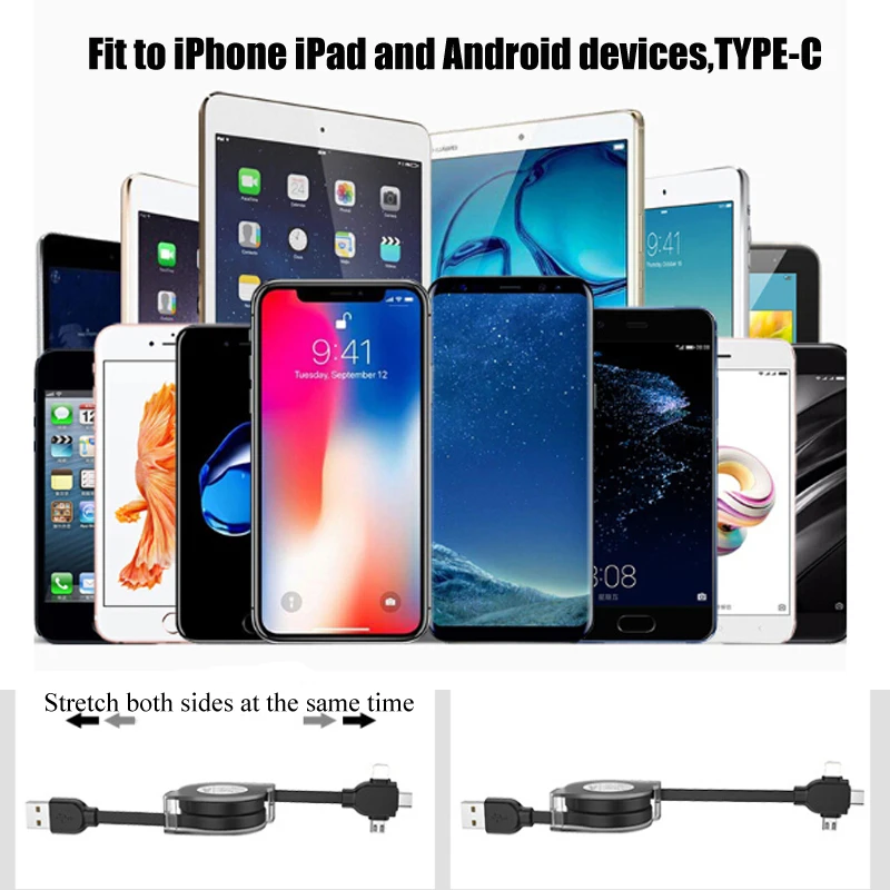 3в1 выдвижной мульти Type C Micro USB быстрое зарядное устройство DataSync для iPhone Samsung Huawei