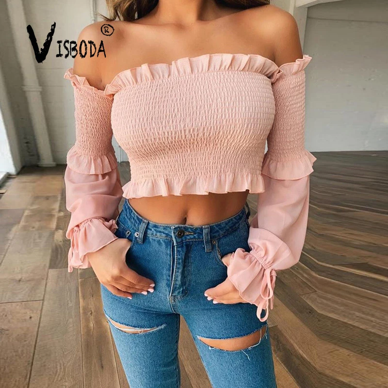 Women Pink Off Shoulder Crop Top Shirt Female Sexy Long Sleeve Tshirt Tumblr  2019 Fashion Summer Casual Top Tee Blusas Femininas - T-shirts - AliExpress