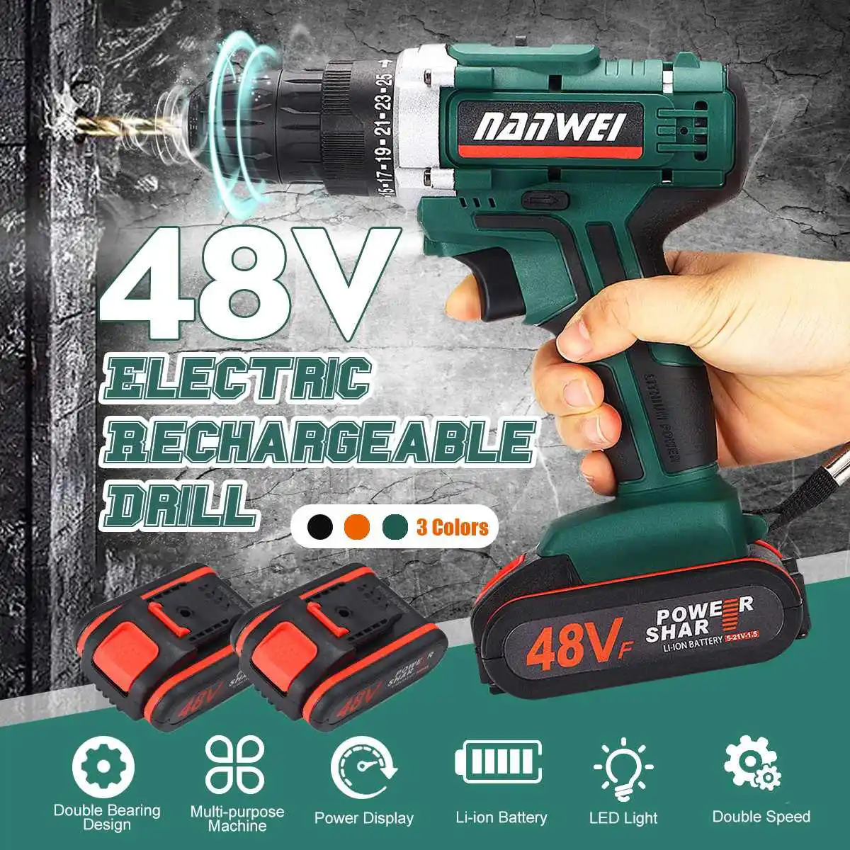 

25+1 48V 2 Speed Cordless Rechargeable Battery Electric Drill Impact Screwdriver Waterproof Dustproof Shockproof Rubber Handle