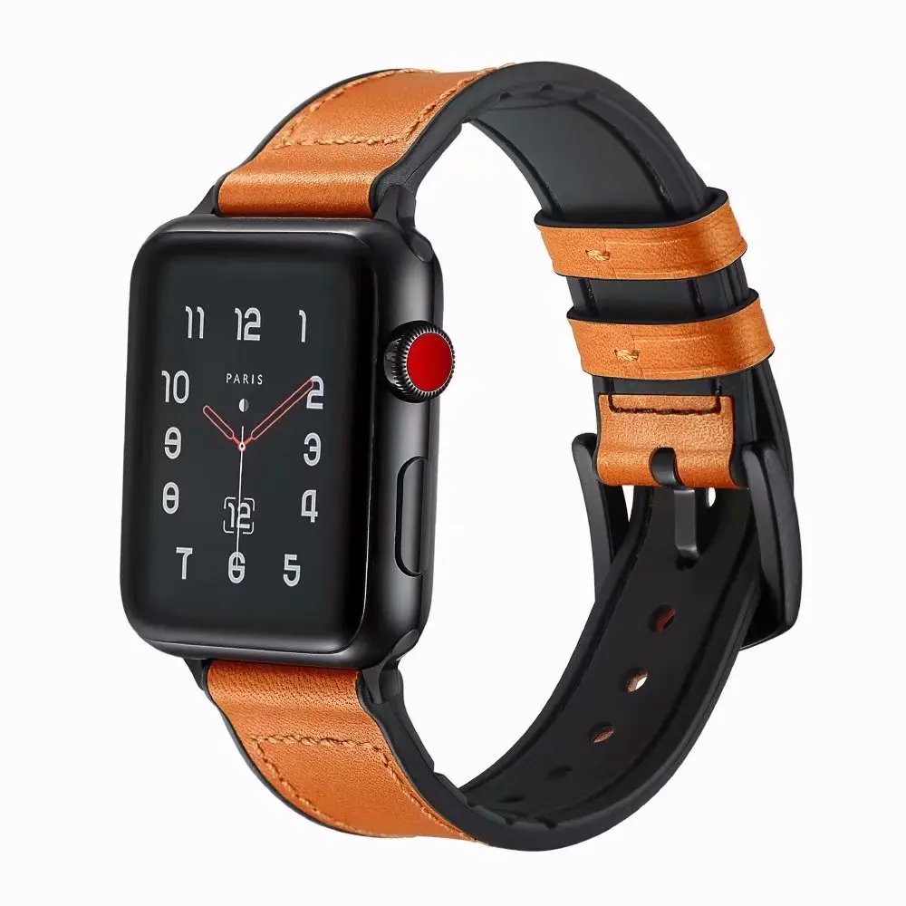 Мягкий силикон+ кожа спортивный ремешок для наручных часов Apple Watch серии 1/2/3/4/5 38 мм 42 мм резиновый ремешок для часов 40 мм 44 наручные часы резиновый ремень