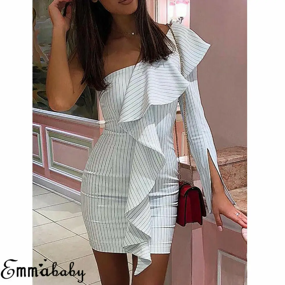 

Women Summer One Shoulder Short Mini Dress Striped Elegant Evening Party Ruffles Sexy Pencil Dresses Vestido