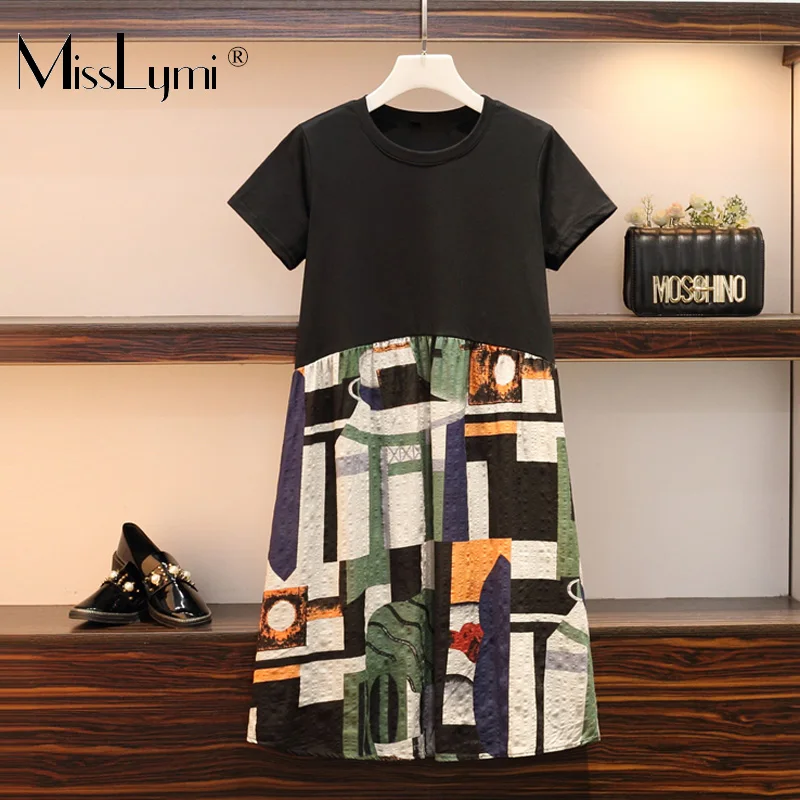 

L-4XL Plus Size Women Loose Casual Short Dress Summer 2019 Short Sleeve Cotton Patchwork Vintage Print Linen Dresses