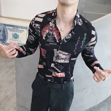 Роскошная рубашка с принтом граффити мужская черно-белая сорочка с длинными рукавами Мужская, для общественных мест Мужская Клубная рубашка для выпускного вечера Kemeja Pria Camisa Masculina