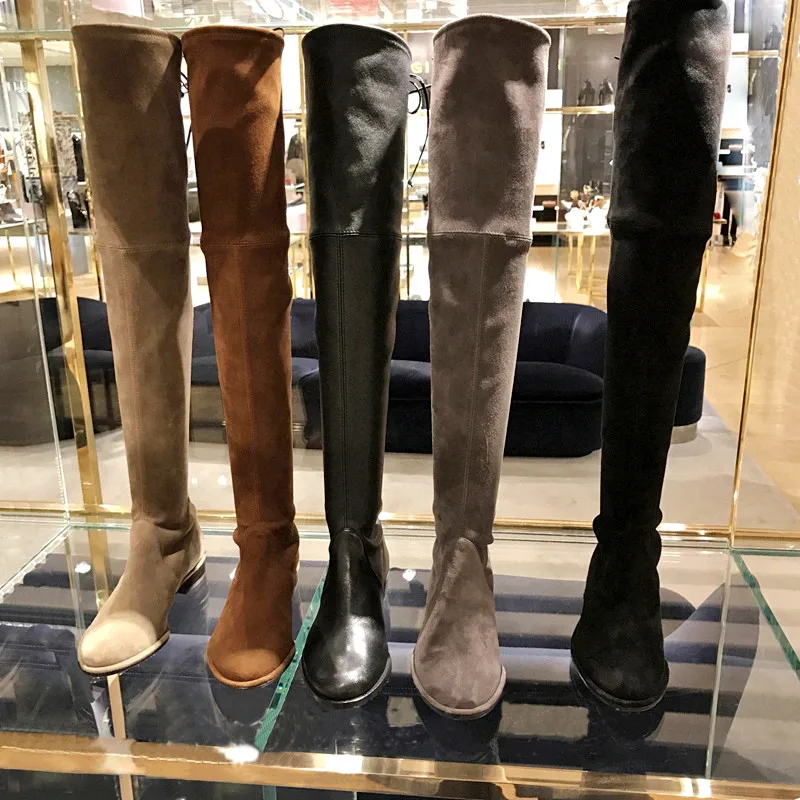 

botas mujer Leather Stretch Fabric Boots Shoes Woman Round Toes Lace-up High Heels Over-the-Knee Woman Boots bota feminina