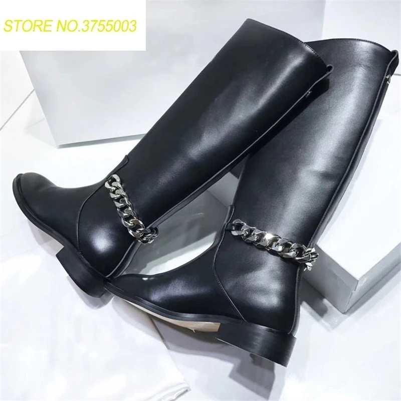 

Black Real Leather Knee High Boots Women Round Toe Back Chain Knight Boots Woman Flats Fashion long Boots Shose Women