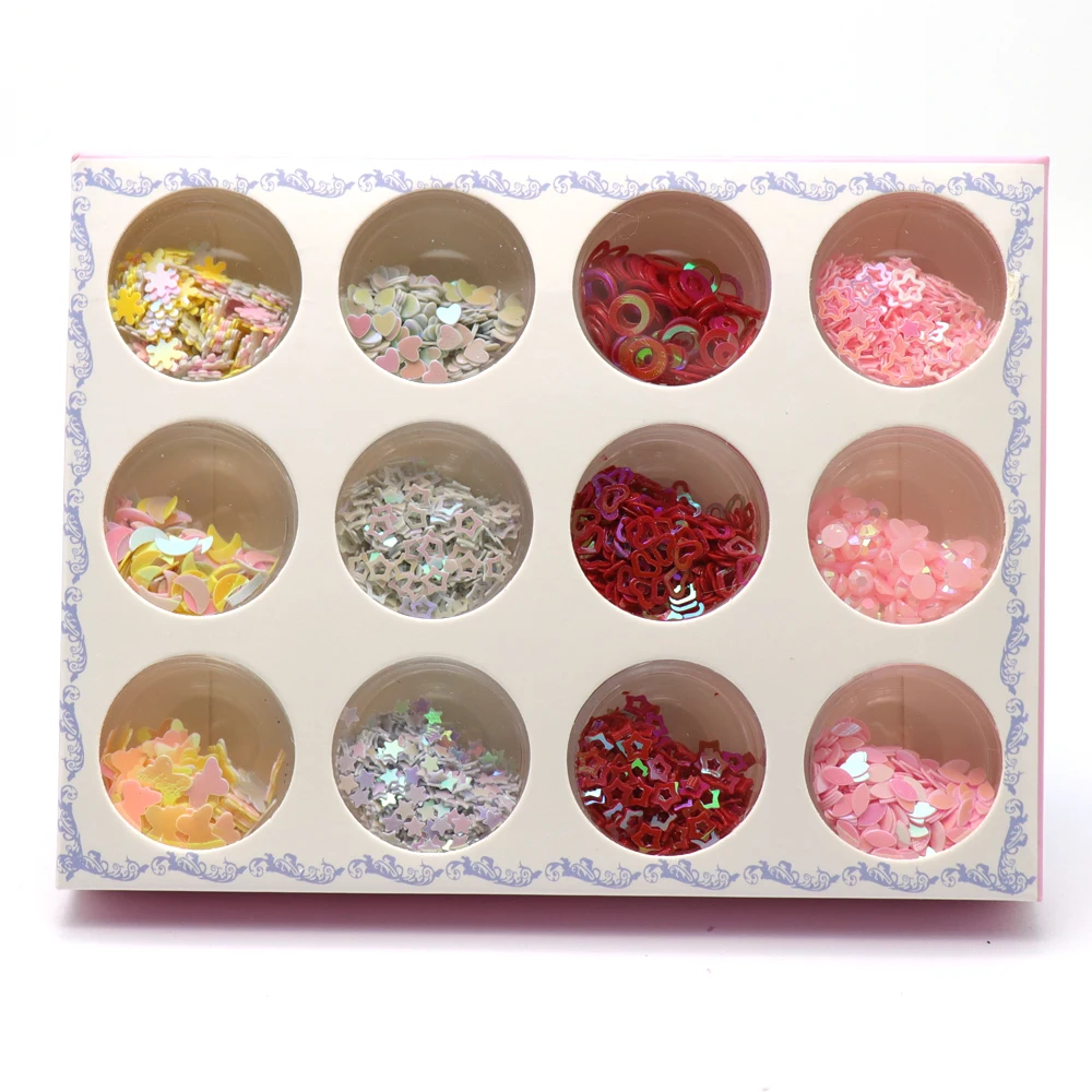 

Different Shape Nail Glitter Sequins Nail Flakes Decoration 12 Boxes Mix Color Fingernail Powder Dust DIY Manicure Art Supplies
