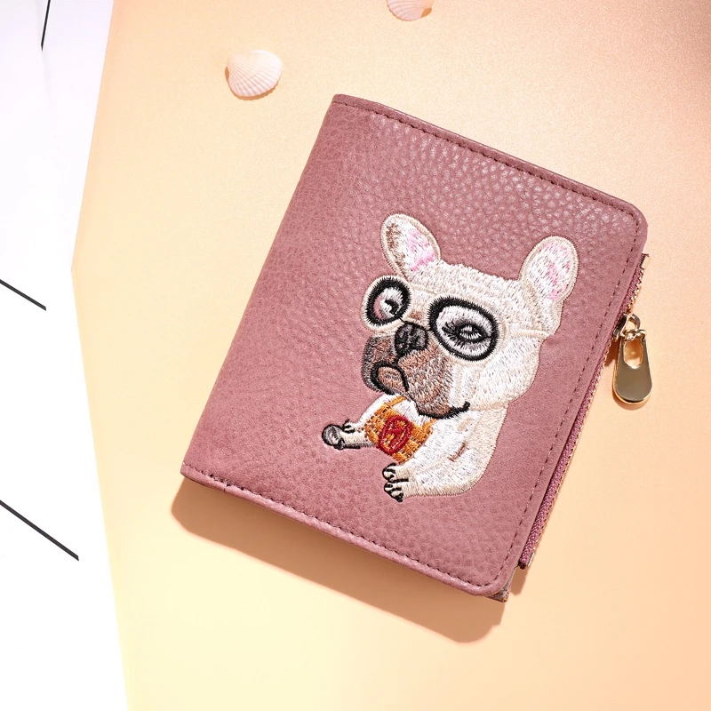 

Wallet Female Short Section Korean Version Cute Puppy Embroidery Retro Folding Personality Slim Coin Purse Ladies Wallet