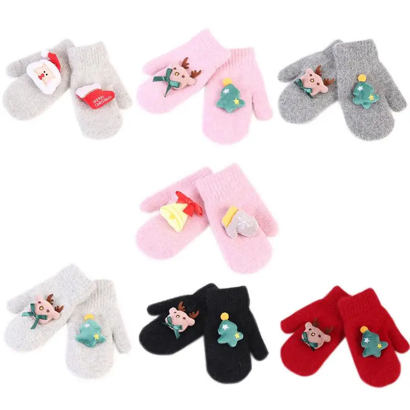 Винтажные рождественские вязаные перчатки с милым мультяшным оленем, женские утепленные перчатки, зимние теплые варежки с изображением снежного лося, полный палец, подарок для детей