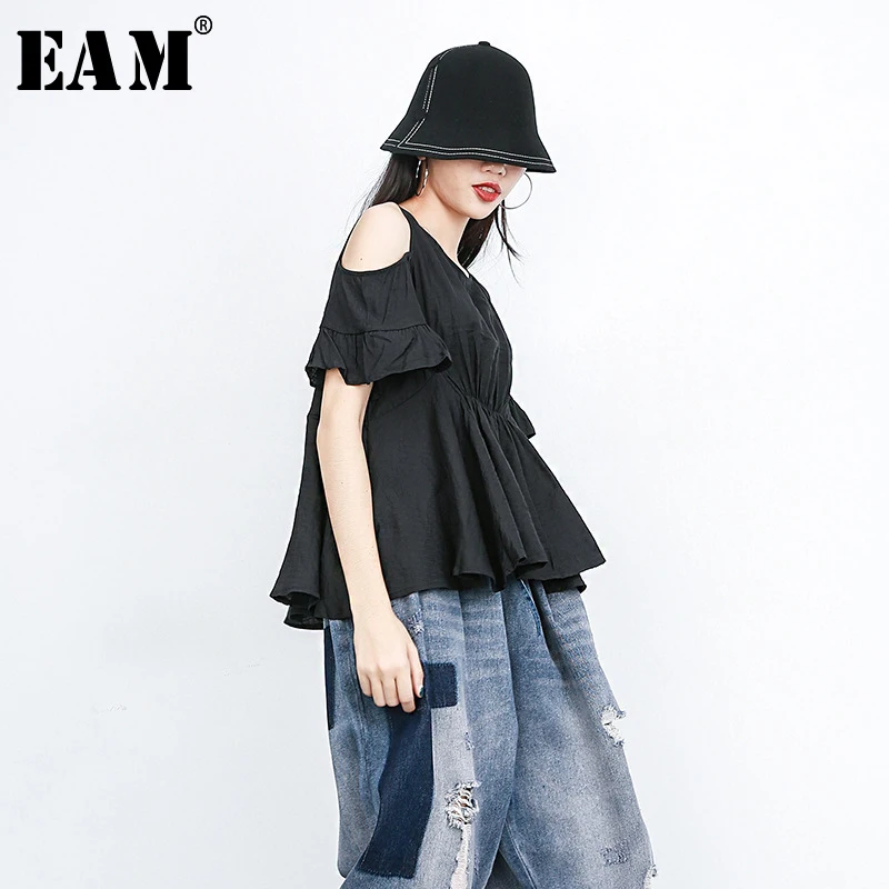 

[EAM] 2019 New Spring Summer Round Neck Short Sleeve Off Shoulder Black Pleated Stitch Loose T-shirt Women Fashion Tide JS947